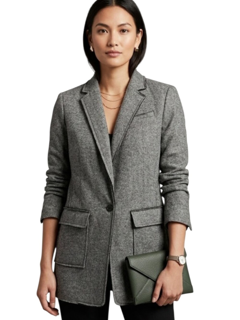 Banana Republic Blazer Coat Gray Tweed Wool Blend Casual Single Breasted Sz 10